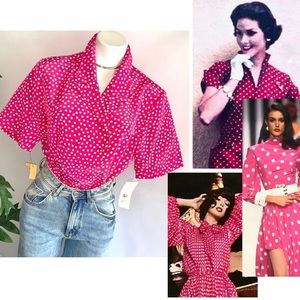 v i n t a g e :: Hot Pink Polka Dot Satin Secretary Blouse Deadstock NOS
